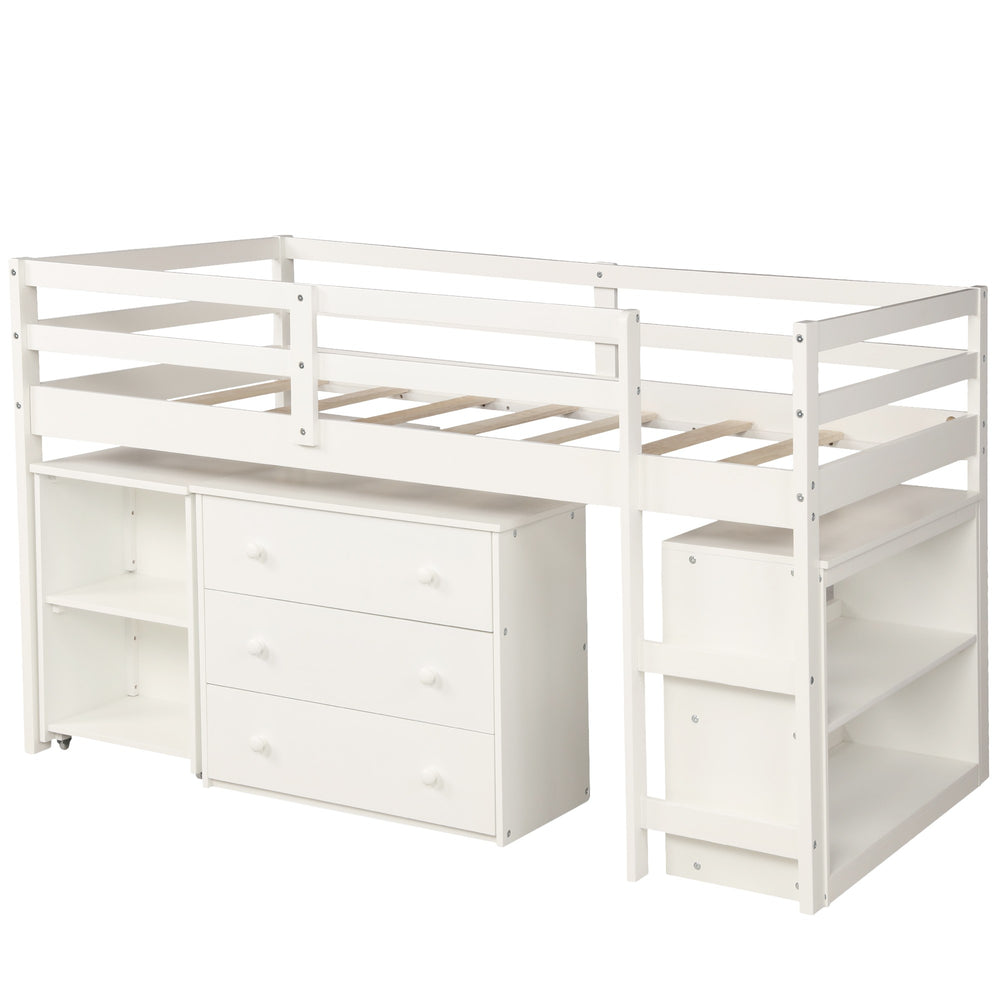 Homeroots White Low Twin Loft Bed With Cabinet And Desk  Manufactured Wood + Solid Wood 404216