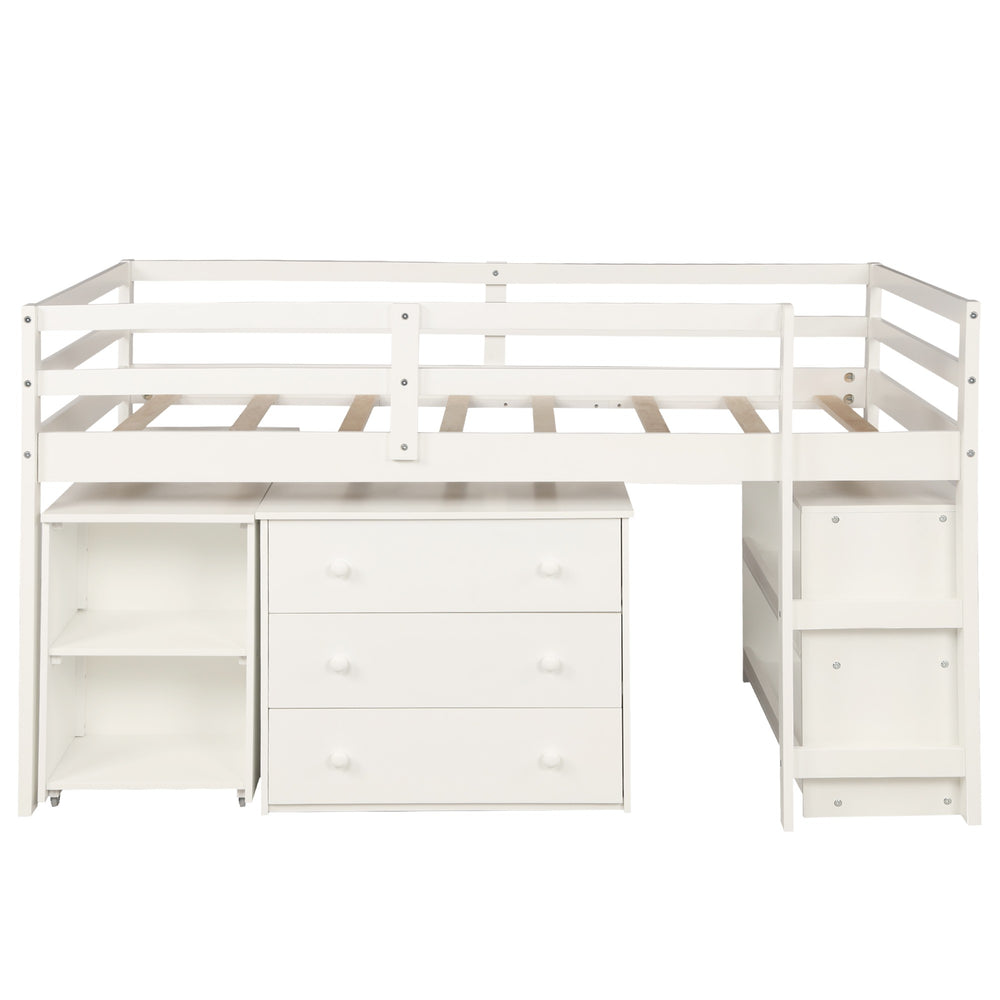 Homeroots White Low Twin Loft Bed With Cabinet And Desk  Manufactured Wood + Solid Wood 404216