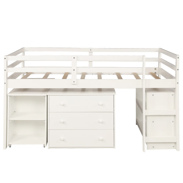 Homeroots White Low Twin Loft Bed With Cabinet And Desk  Manufactured Wood + Solid Wood 404216