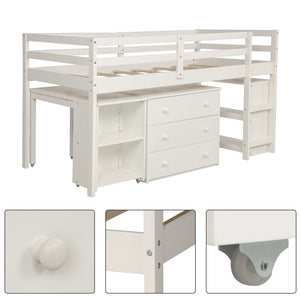 Homeroots White Low Twin Loft Bed With Cabinet And Desk  Manufactured Wood + Solid Wood 404216
