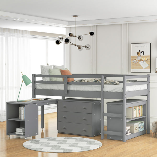 Homeroots Gray Low Twin Loft Bed With Cabinet And Desk  Manufactured Wood + Solid Wood 404217