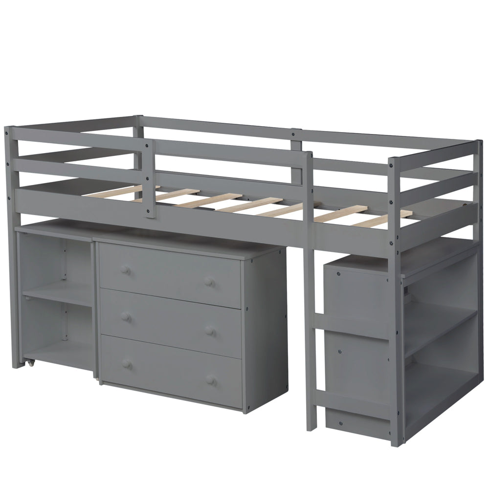 Homeroots Gray Low Twin Loft Bed With Cabinet And Desk  Manufactured Wood + Solid Wood 404217