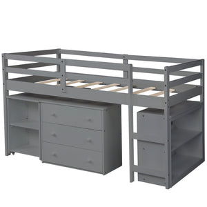 Homeroots Gray Low Twin Loft Bed With Cabinet And Desk  Manufactured Wood + Solid Wood 404217