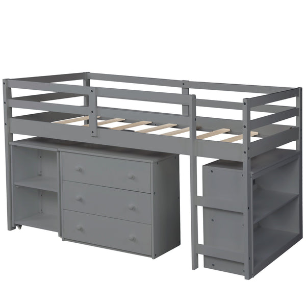 Homeroots Gray Low Twin Loft Bed With Cabinet And Desk  Manufactured Wood + Solid Wood 404217