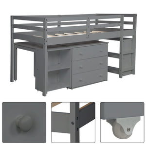Homeroots Gray Low Twin Loft Bed With Cabinet And Desk  Manufactured Wood + Solid Wood 404217