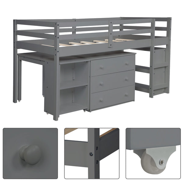 Homeroots Gray Low Twin Loft Bed With Cabinet And Desk  Manufactured Wood + Solid Wood 404217
