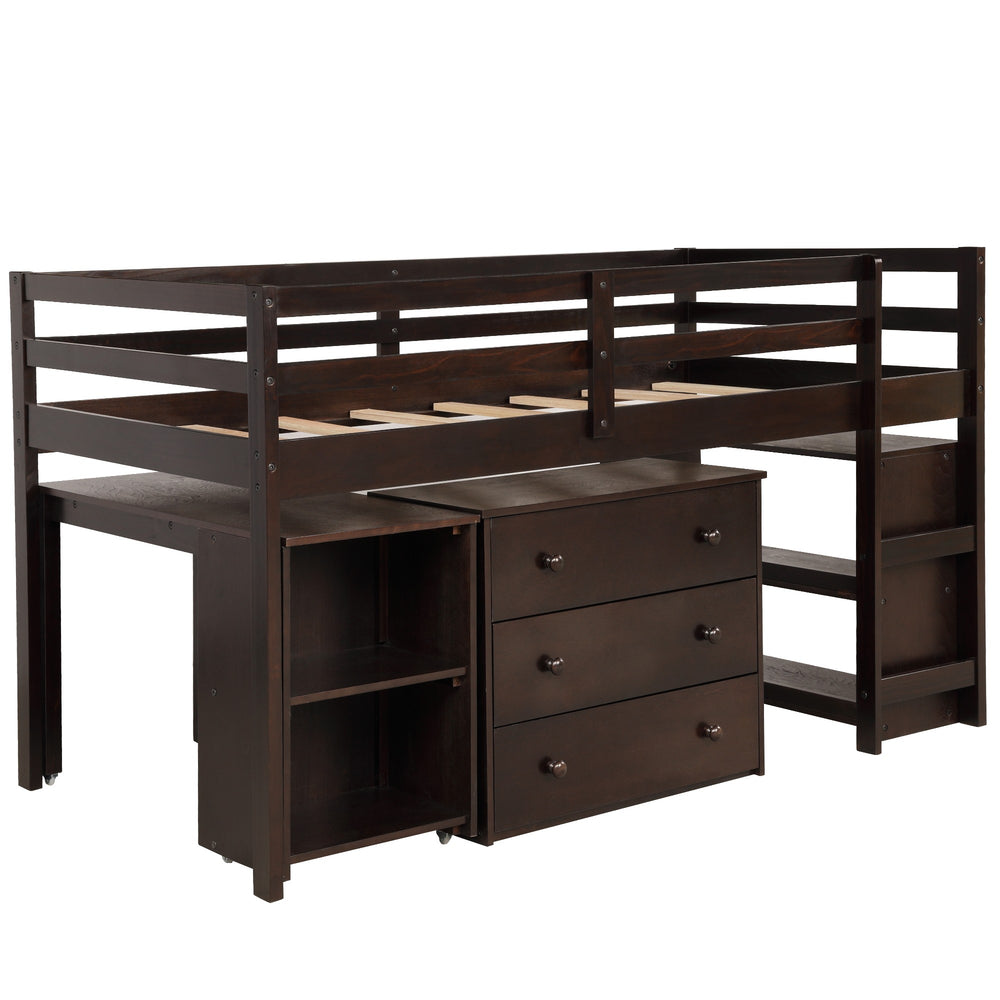 Homeroots Brown Low Twin Loft Bed With Cabinet And Desk  Manufactured Wood + Solid Wood 404218