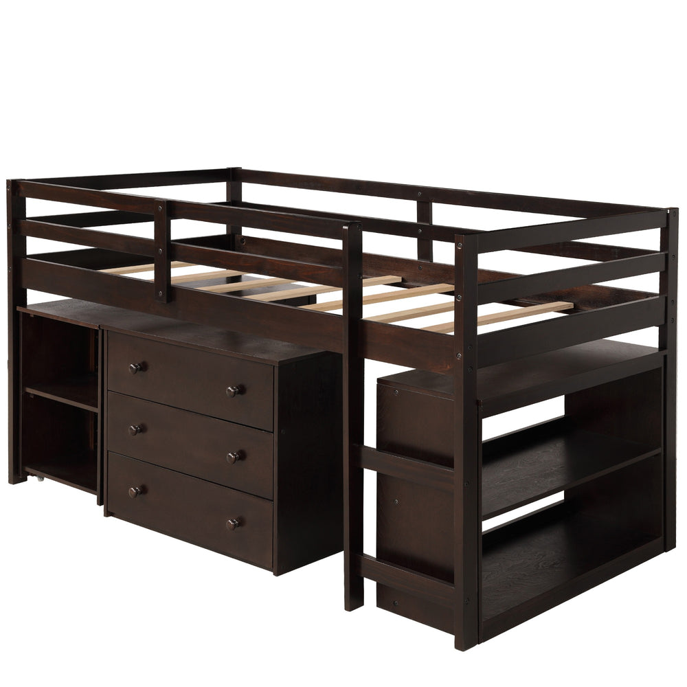 Homeroots Brown Low Twin Loft Bed With Cabinet And Desk  Manufactured Wood + Solid Wood 404218
