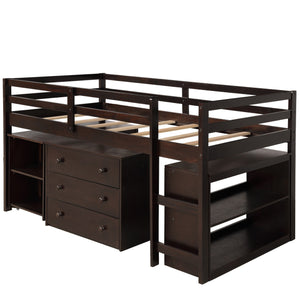 Homeroots Brown Low Twin Loft Bed With Cabinet And Desk  Manufactured Wood + Solid Wood 404218