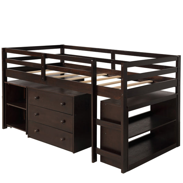 Homeroots Brown Low Twin Loft Bed With Cabinet And Desk  Manufactured Wood + Solid Wood 404218