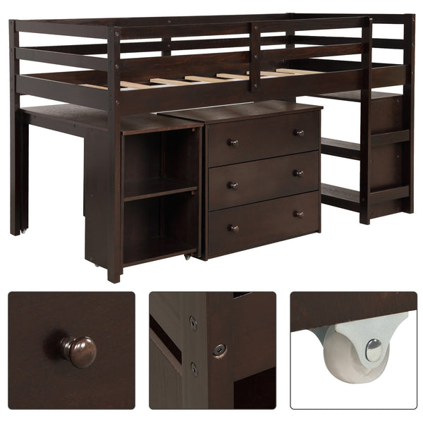 Homeroots Brown Low Twin Loft Bed With Cabinet And Desk  Manufactured Wood + Solid Wood 404218