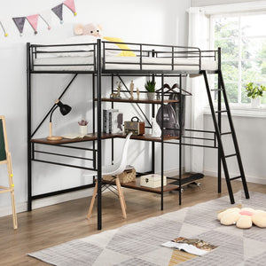 Homeroots Black Twin Size Metal Loft Bed With Desk And Shelves  Manufactured Wood + Solid Wood 404219