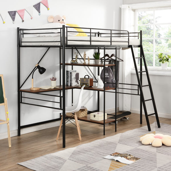 Homeroots Black Twin Size Metal Loft Bed With Desk And Shelves  Manufactured Wood + Solid Wood 404219