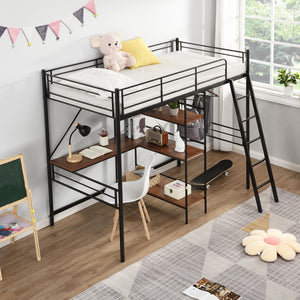 Homeroots Black Twin Size Metal Loft Bed With Desk And Shelves  Manufactured Wood + Solid Wood 404219
