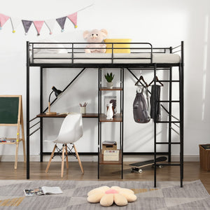 Homeroots Black Twin Size Metal Loft Bed With Desk And Shelves  Manufactured Wood + Solid Wood 404219