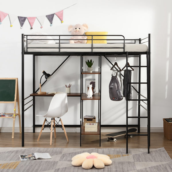 Homeroots Black Twin Size Metal Loft Bed With Desk And Shelves  Manufactured Wood + Solid Wood 404219