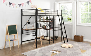 Homeroots Black Twin Size Metal Loft Bed With Desk And Shelves  Manufactured Wood + Solid Wood 404219