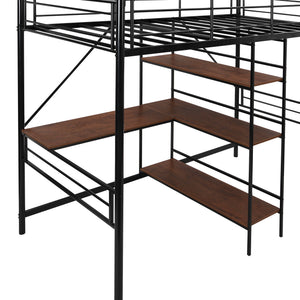 Homeroots Black Twin Size Metal Loft Bed With Desk And Shelves  Manufactured Wood + Solid Wood 404219