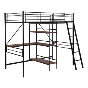 Homeroots Black Twin Size Metal Loft Bed With Desk And Shelves  Manufactured Wood + Solid Wood 404219