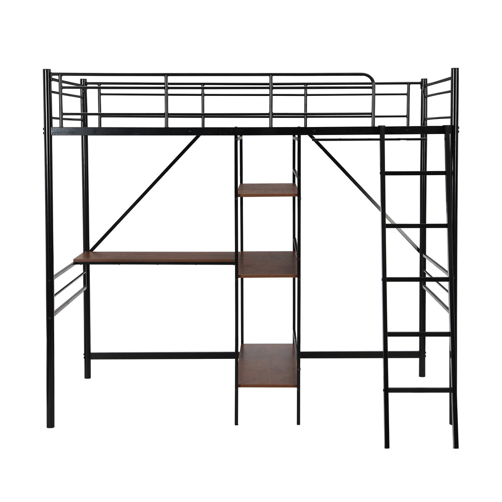 Homeroots Black Twin Size Metal Loft Bed With Desk And Shelves  Manufactured Wood + Solid Wood 404219