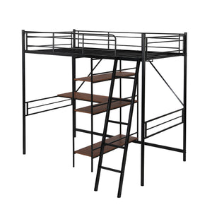 Homeroots Black Twin Size Metal Loft Bed With Desk And Shelves  Manufactured Wood + Solid Wood 404219
