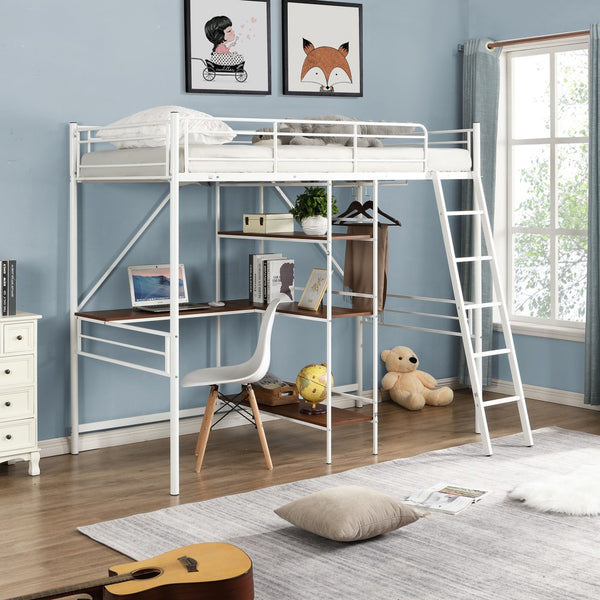 Homeroots White Twin Size Metal Loft Bed With Desk And Shelves  Manufactured Wood + Solid Wood 404220
