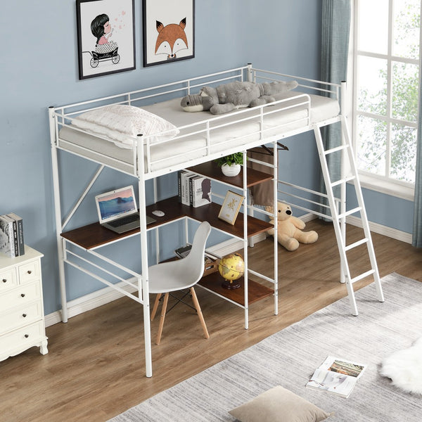Homeroots White Twin Size Metal Loft Bed With Desk And Shelves  Manufactured Wood + Solid Wood 404220