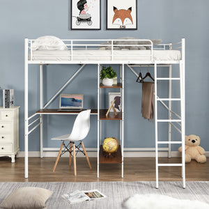 Homeroots White Twin Size Metal Loft Bed With Desk And Shelves  Manufactured Wood + Solid Wood 404220