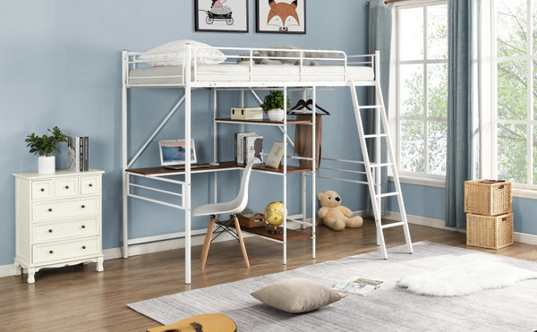 Homeroots White Twin Size Metal Loft Bed With Desk And Shelves  Manufactured Wood + Solid Wood 404220