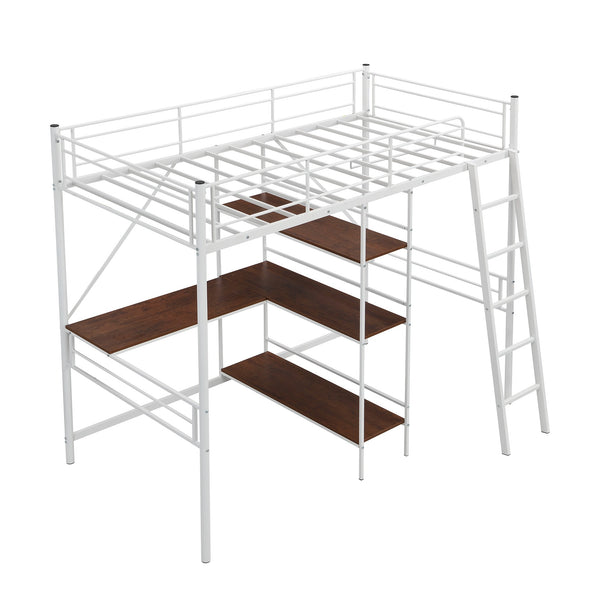 Homeroots White Twin Size Metal Loft Bed With Desk And Shelves  Manufactured Wood + Solid Wood 404220