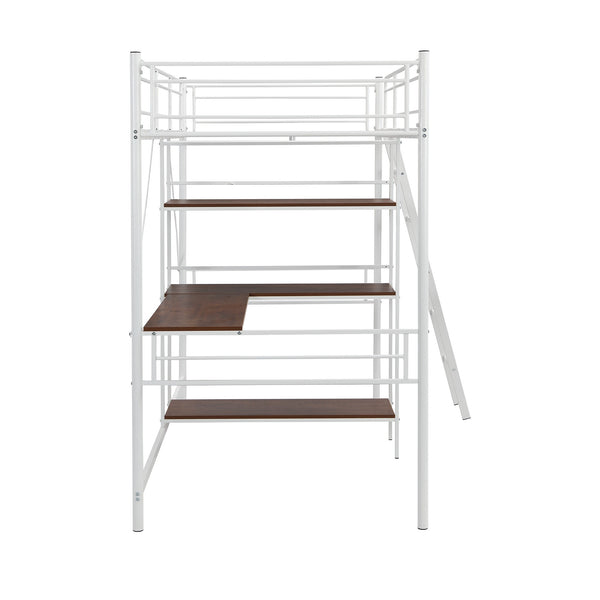 Homeroots White Twin Size Metal Loft Bed With Desk And Shelves  Manufactured Wood + Solid Wood 404220