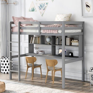Homeroots Gray Twin Loft Bed With Desk And Shelves  Manufactured Wood + Solid Wood 404221
