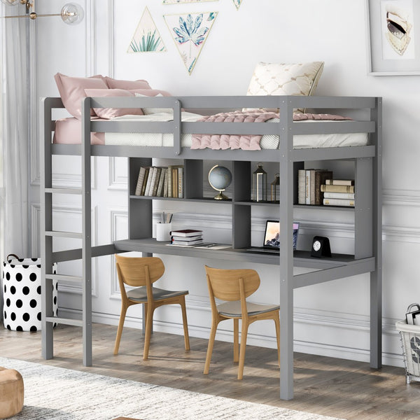 Homeroots Gray Twin Loft Bed With Desk And Shelves  Manufactured Wood + Solid Wood 404221