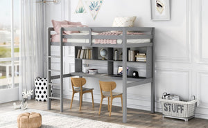 Homeroots Gray Twin Loft Bed With Desk And Shelves  Manufactured Wood + Solid Wood 404221