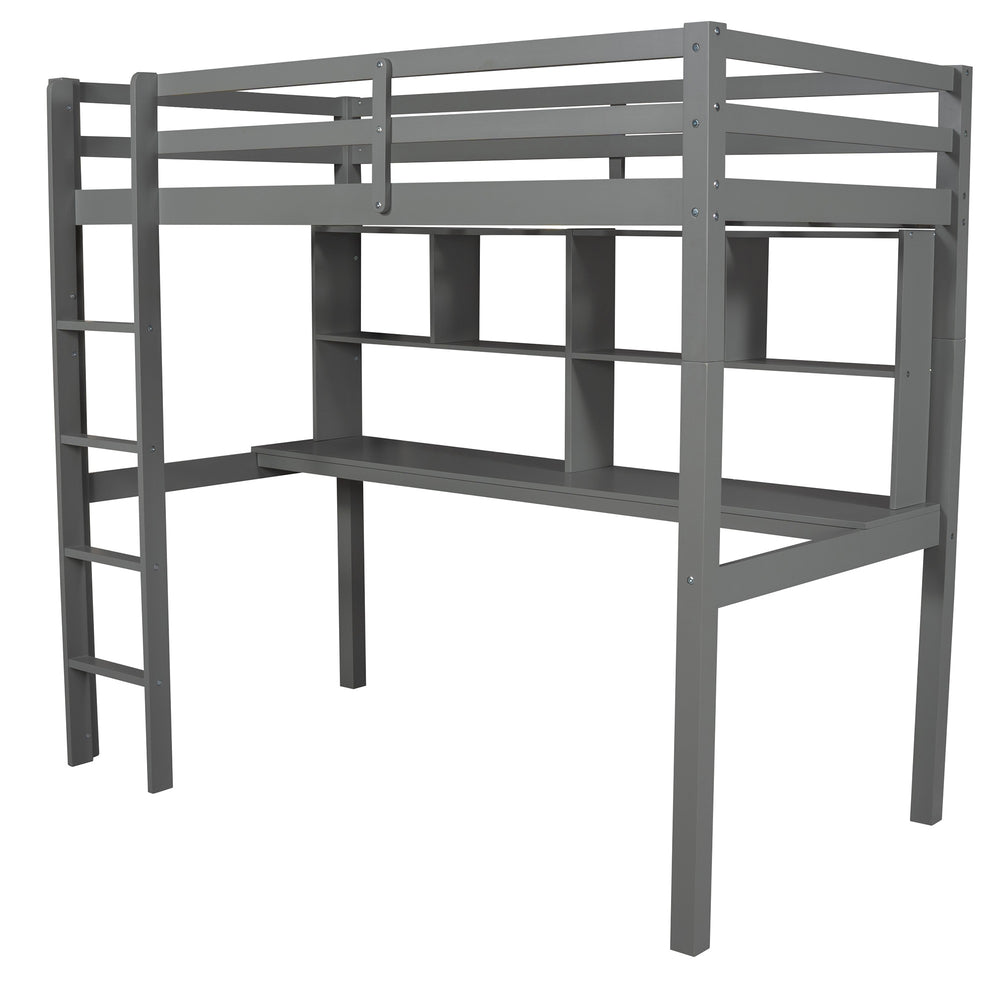 Homeroots Gray Twin Loft Bed With Desk And Shelves  Manufactured Wood + Solid Wood 404221