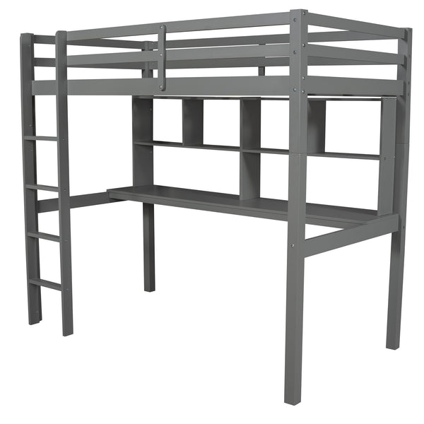 Homeroots Gray Twin Loft Bed With Desk And Shelves  Manufactured Wood + Solid Wood 404221