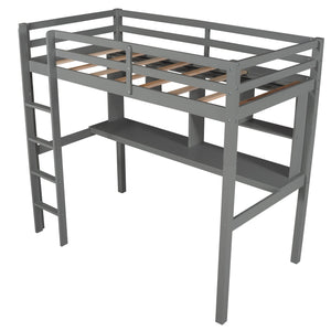 Homeroots Gray Twin Loft Bed With Desk And Shelves  Manufactured Wood + Solid Wood 404221