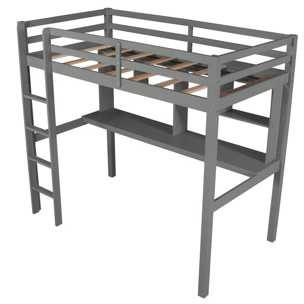 Homeroots Gray Twin Loft Bed With Desk And Shelves  Manufactured Wood + Solid Wood 404221