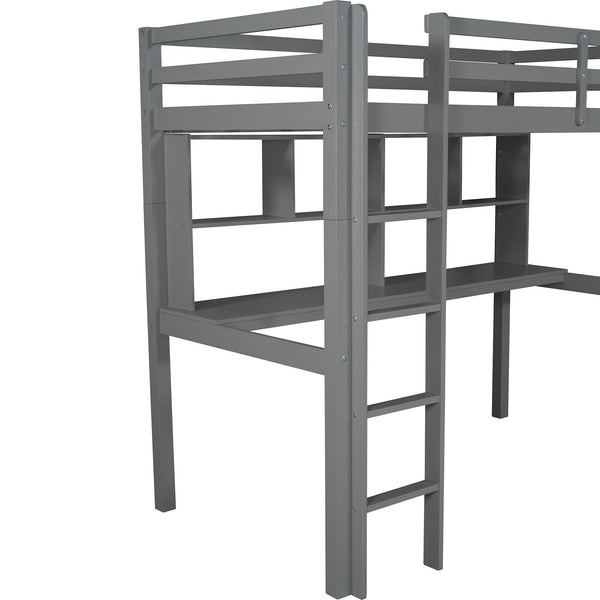 Homeroots Gray Twin Loft Bed With Desk And Shelves  Manufactured Wood + Solid Wood 404221