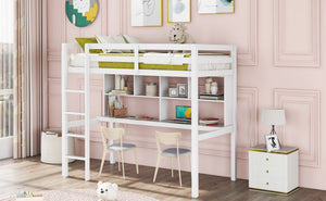 Homeroots White Twin Loft Bed With Desk And Shelves  Manufactured Wood + Solid Wood 404222