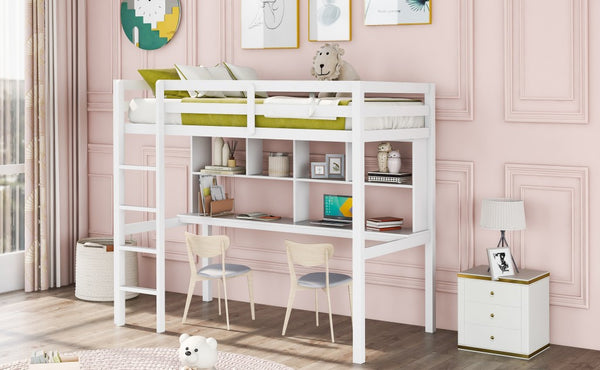 Homeroots White Twin Loft Bed With Desk And Shelves  Manufactured Wood + Solid Wood 404222