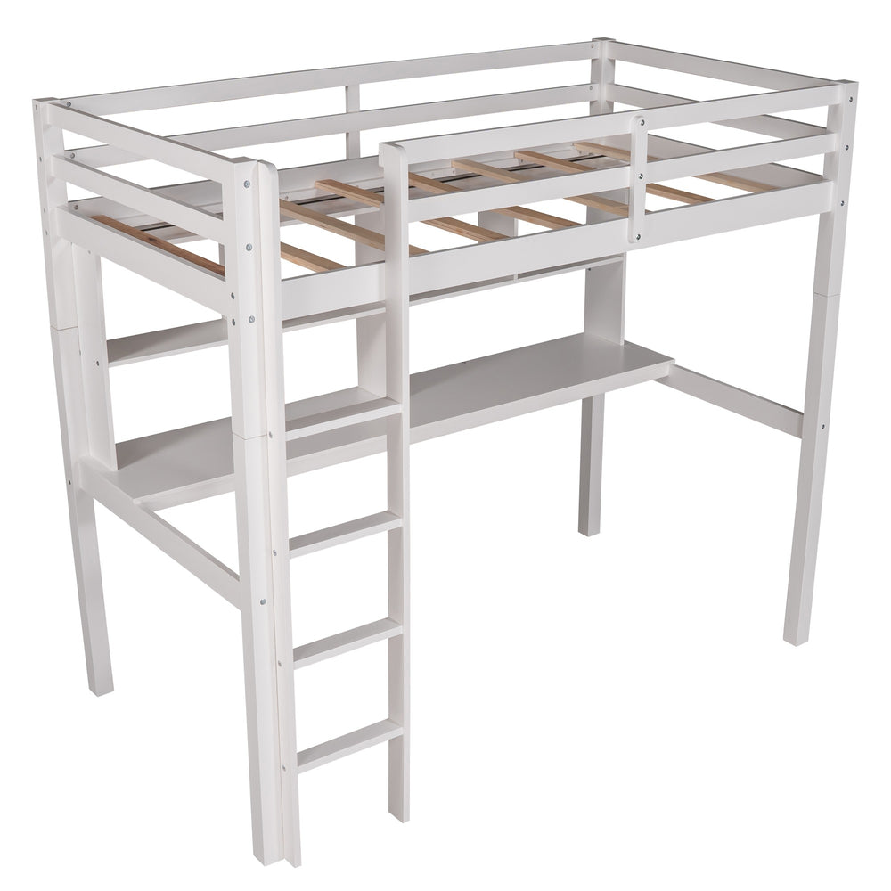 Homeroots White Twin Loft Bed With Desk And Shelves  Manufactured Wood + Solid Wood 404222