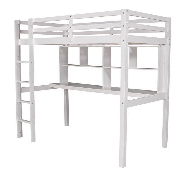 Homeroots White Twin Loft Bed With Desk And Shelves  Manufactured Wood + Solid Wood 404222
