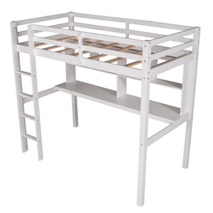 Homeroots White Twin Loft Bed With Desk And Shelves  Manufactured Wood + Solid Wood 404222