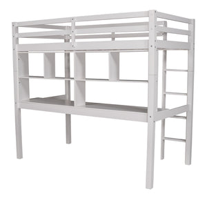 Homeroots White Twin Loft Bed With Desk And Shelves  Manufactured Wood + Solid Wood 404222