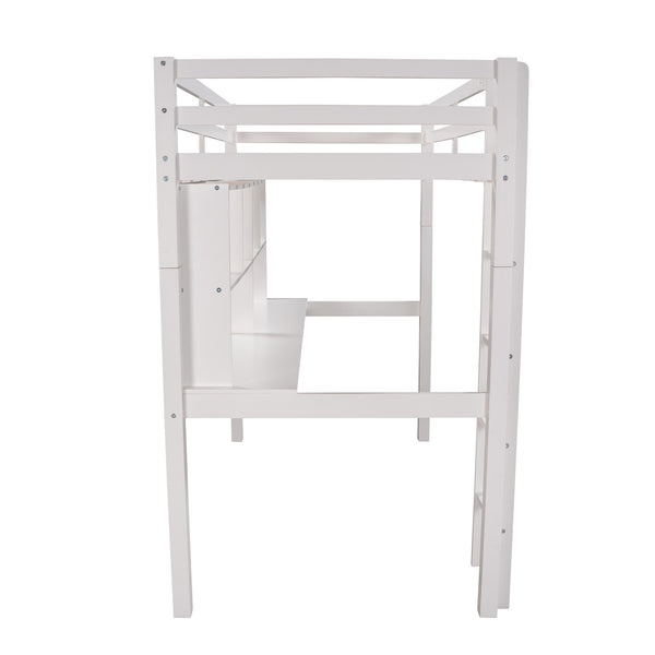 Homeroots White Twin Loft Bed With Desk And Shelves  Manufactured Wood + Solid Wood 404222