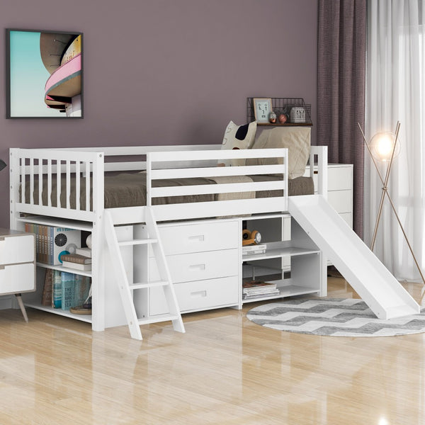 Homeroots White Twin Loft Bed With Cabinet And Shelves  Manufactured Wood + Solid Wood 404223
