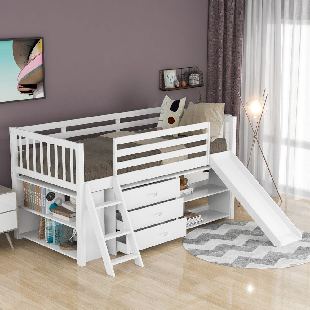 Homeroots White Twin Loft Bed With Cabinet And Shelves  Manufactured Wood + Solid Wood 404223