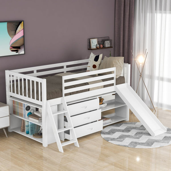 Homeroots White Twin Loft Bed With Cabinet And Shelves  Manufactured Wood + Solid Wood 404223