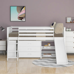 Homeroots White Twin Loft Bed With Cabinet And Shelves  Manufactured Wood + Solid Wood 404223